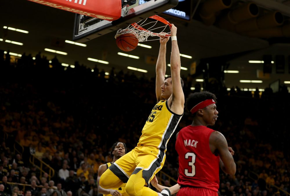 Iowa Hawkeyes forward Ryan Kriener (15) dunks the ball against the Nebraska Cornhuskers Saturday, February 8, 2020 at Carver-Hawkeye Arena. (Brian Ray/hawkeyesports.com)