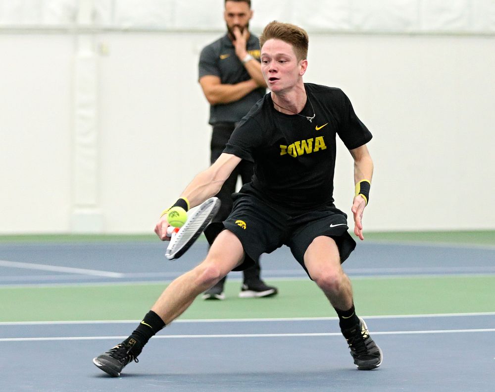 Iowa’s Jason Kerst during his singles match at the Hawkeye Tennis and Recreation Complex in Iowa City on Friday, February 14, 2020. (Stephen Mally/hawkeyesports.com)