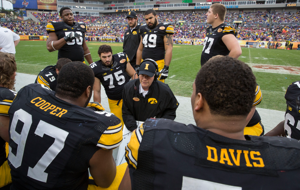 Iowa Hawkeyes defensive line coach Reese Morgan works with his unit during the second half of the Outback Bowl Jan. 1, 2014 in Tampa, Fla. (Brian Ray/hawkeyesports.com)