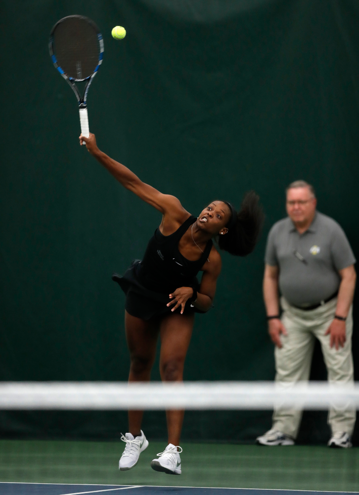 Adorable Huckleby and Zoe Douglas play a doubles match against Ohio State Sunday, March 25, 2018 at the Hawkeye Tennis and Recreation Center. (Brian Ray/hawkeyesports.com)