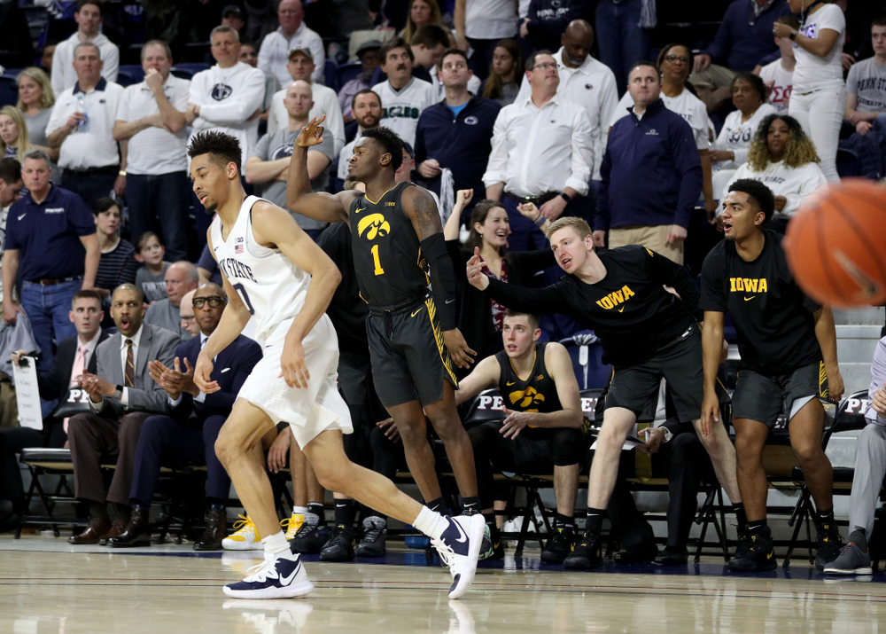 Iowa Hawkeyes guard Joe Toussaint (1) celebrates a three point basket against Penn State Saturday, January 4, 2020 at the Palestra in Philadelphia. (Brian Ray/hawkeyesports.com)