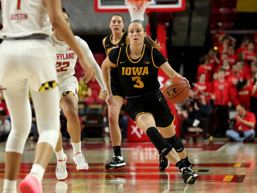 Iowa Hawkeyes guard Makenzie Meyer (3) against the Maryland Terrapins Thursday, February 13, 2020 at the Xfinity Center in College Park, MD. (Brian Ray/hawkeyesports.com)