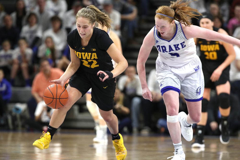 Iowa Hawkeyes guard Kathleen Doyle (22) against the Drake Bulldogs Friday, December 21, 2018 at the Knapp Center in Des Moines. (Brian Ray/hawkeyesports.com)