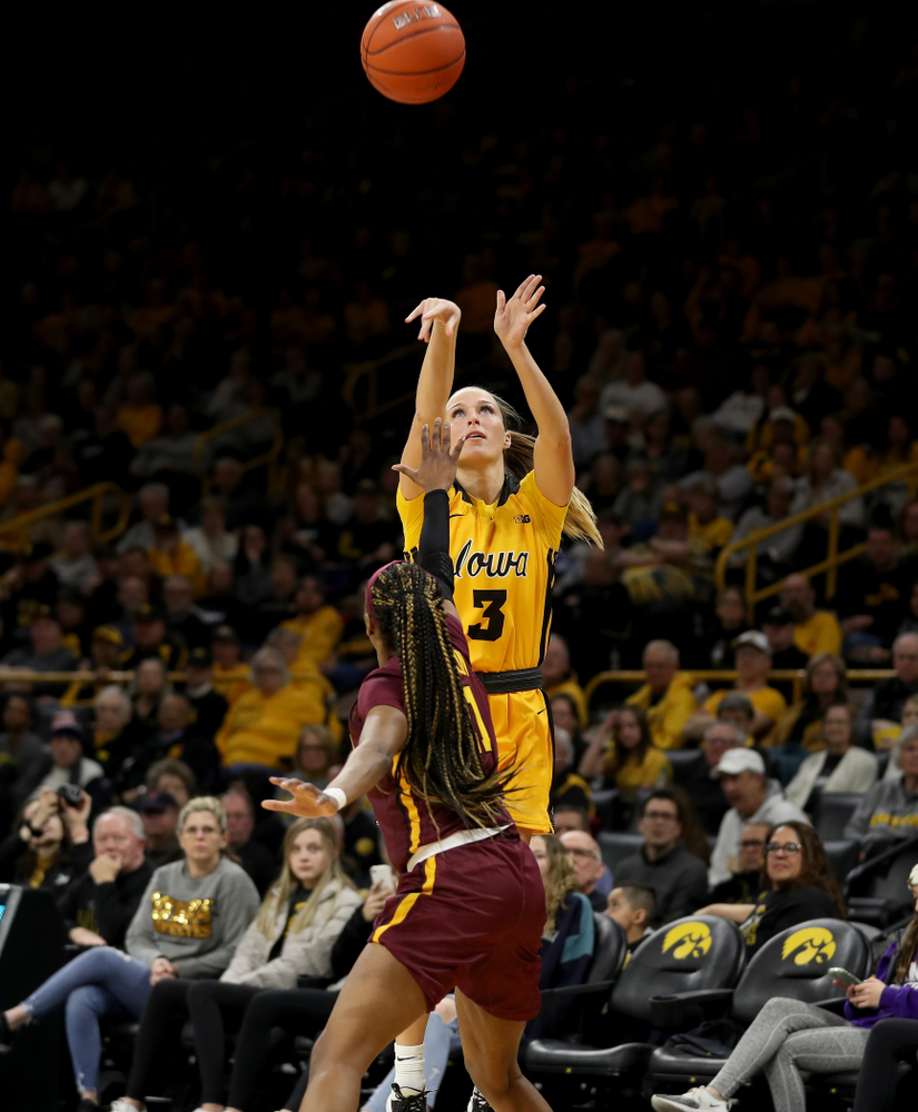 Iowa Hawkeyes guard Makenzie Meyer (3) against the Minnesota Golden Gophers Thursday, February 27, 2020 at Carver-Hawkeye Arena. (Brian Ray/hawkeyesports.com)