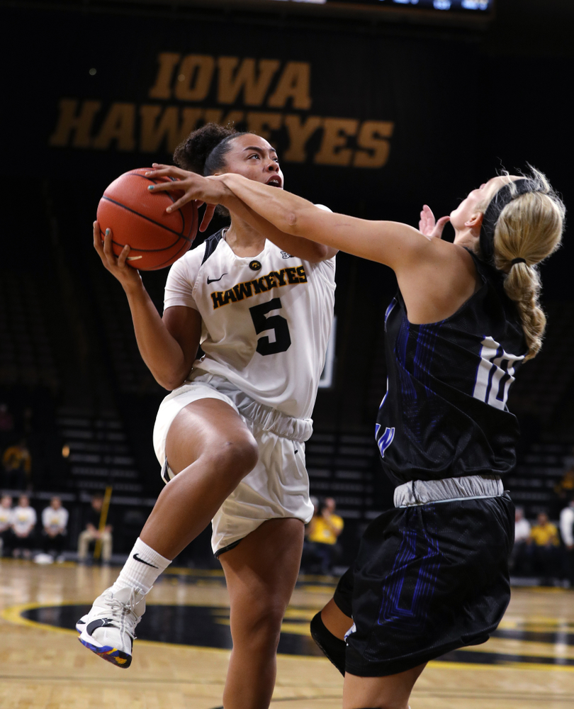 Iowa Hawkeyes guard Alexis Sevillian (5) against Dakota Wesleyan University Tuesday, November 6, 2018 at Carver-Hawkeye Arena. (Brian Ray/hawkeyesports.com)