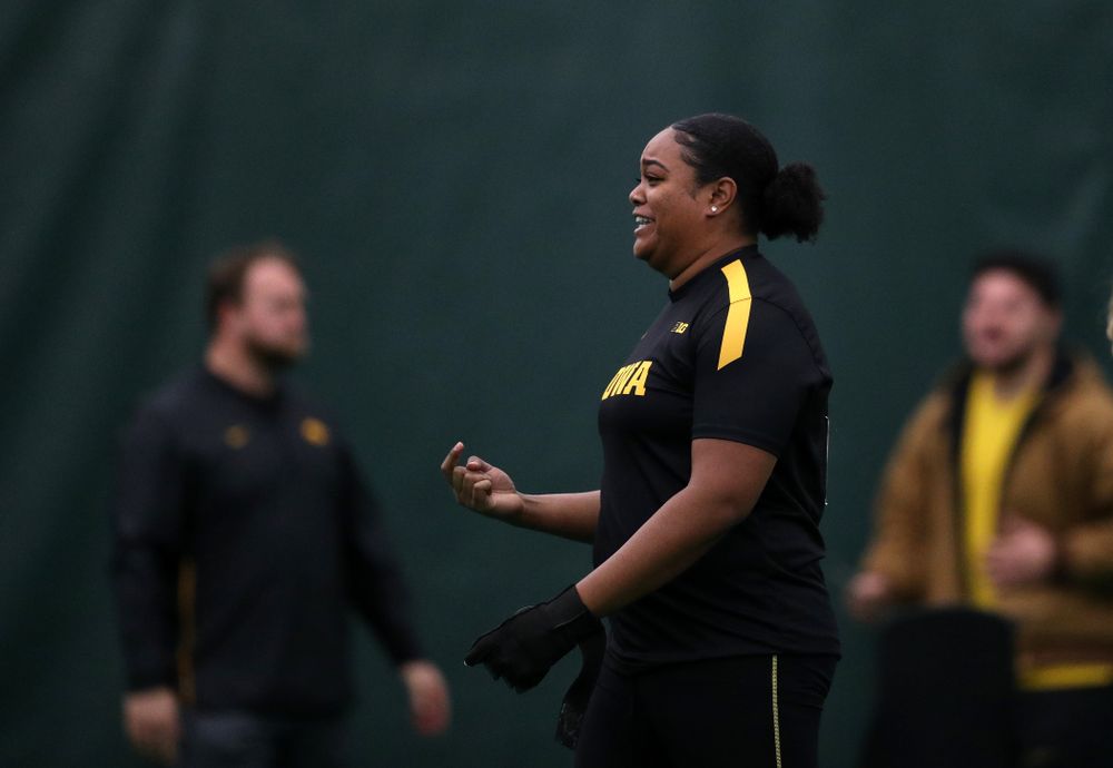 Iowa's Laulauga Tausaga sets a school record in the weight throw Friday, January 11, 2019 at the Hawkeye Tennis and Recreation Center. Tausaga set the new mark with a throw of 20.67m, 67-9 3/4. (Brian Ray/hawkeyesports.com)