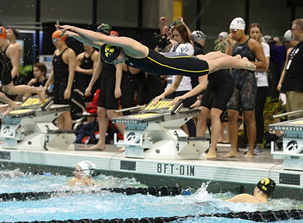 Iowa’s Kennedy Gilbertson swims in the women’s 200 yard freestyle relay event during the 2020 Women’s Big Ten Swimming and Diving Championships at the Campus Recreation and Wellness Center in Iowa City on Friday, February 21, 2020. (Stephen Mally/hawkeyesports.com)