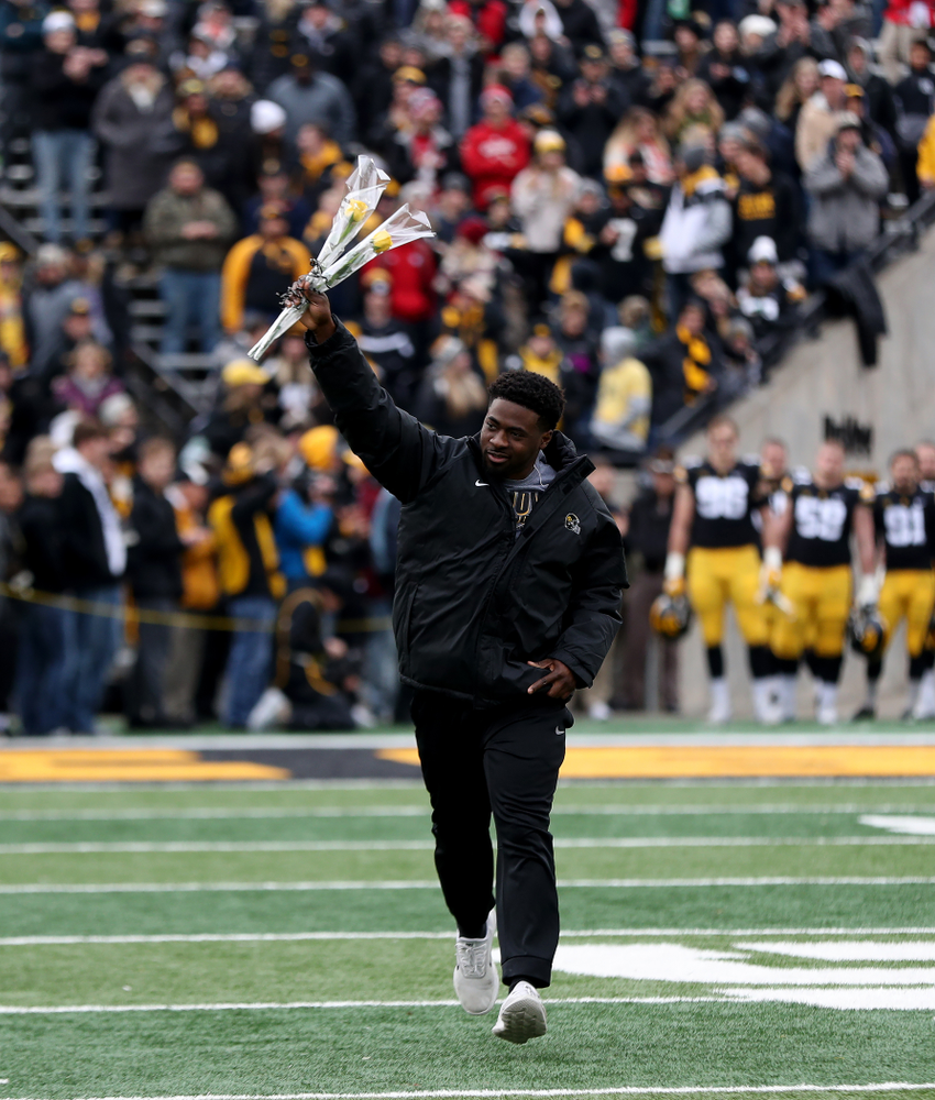 Iowa Hawkeyes linebacker Aaron Mends (31) during senior day activities before their game against the Nebraska Cornhuskers Friday, November 23, 2018 at Kinnick Stadium. (Brian Ray/hawkeyesports.com)