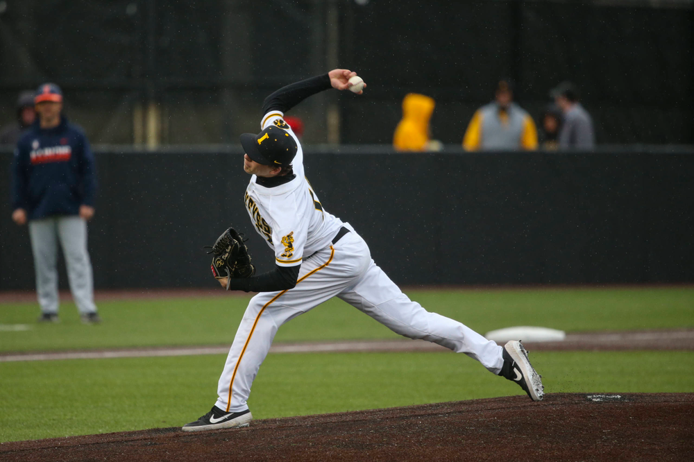 Iowa pitcher Grant Leonard at game 1 vs Illinois on Friday, March 29, 2019 at Duane Banks Field. (Lily Smith/hawkeyesports.com)