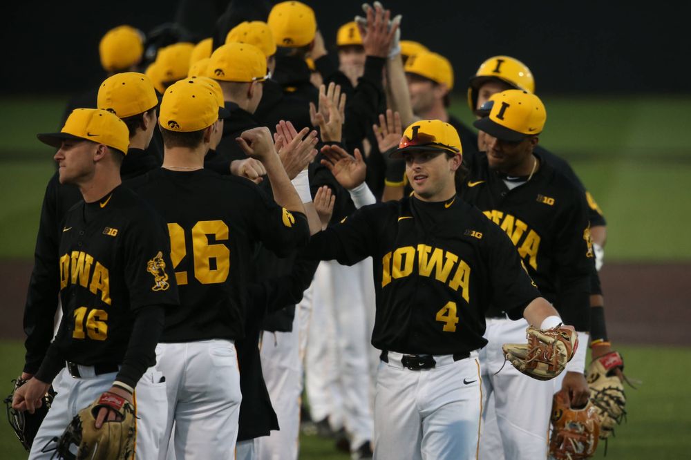 The Iowa baseball team celebrates at the game vs. Bradley on Tuesday, March 26, 2019 at (place). (Lily Smith/hawkeyesports.com)