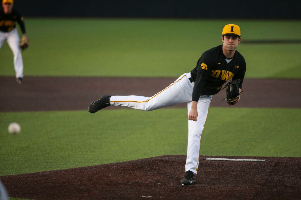 Iowa pitcher Grant Leonard at the game vs. Bradley on Tuesday, March 26, 2019 at (place). (Lily Smith/hawkeyesports.com)