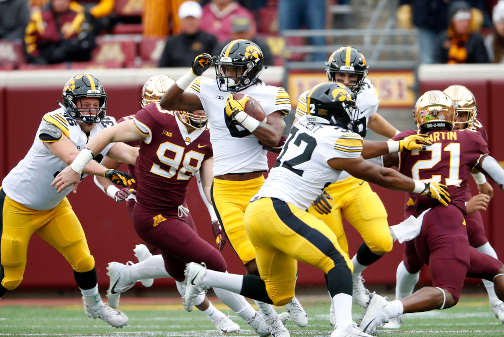 Iowa Hawkeyes wide receiver Ihmir Smith-Marsette (6) returns a kick against the Minnesota Golden Gophers Saturday, October 6, 2018 at TCF Bank Stadium. (Brian Ray/hawkeyesports.com)