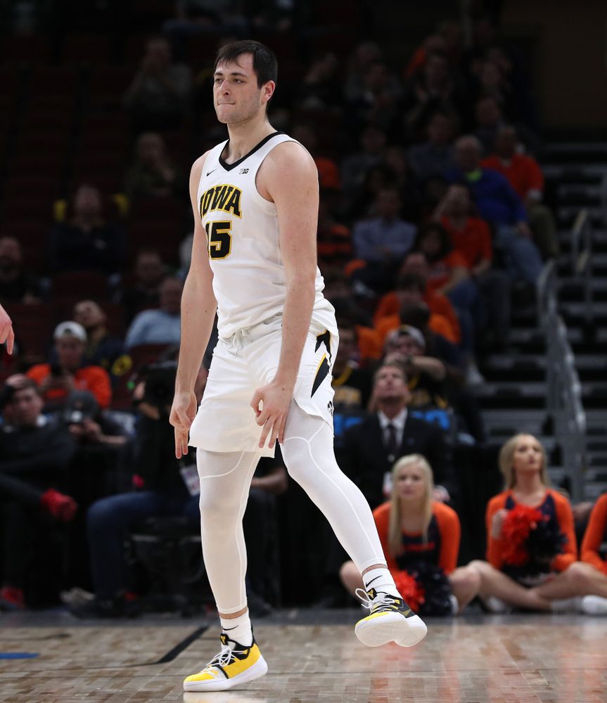 Iowa Hawkeyes forward Ryan Kriener (15) against the Illinois Fighting Illini in the 2019 Big Ten Men's Basketball Tournament Thursday, March 14, 2019 at the United Center in Chicago. (Brian Ray/hawkeyesports.com)