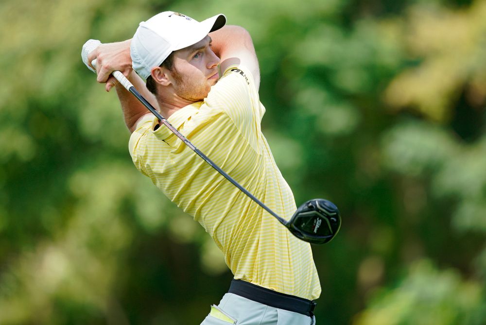 Iowa’s Jake Rowe tees off during the third day of the Golfweek Conference Challenge at the Cedar Rapids Country Club in Cedar Rapids on Tuesday, Sep 17, 2019. (Stephen Mally/hawkeyesports.com)