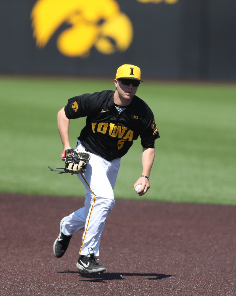 Iowa Hawkeyes Zeb Adreon (5) during game two against UC Irvine Saturday, May 4, 2019 at Duane Banks Field. (Brian Ray/hawkeyesports.com)