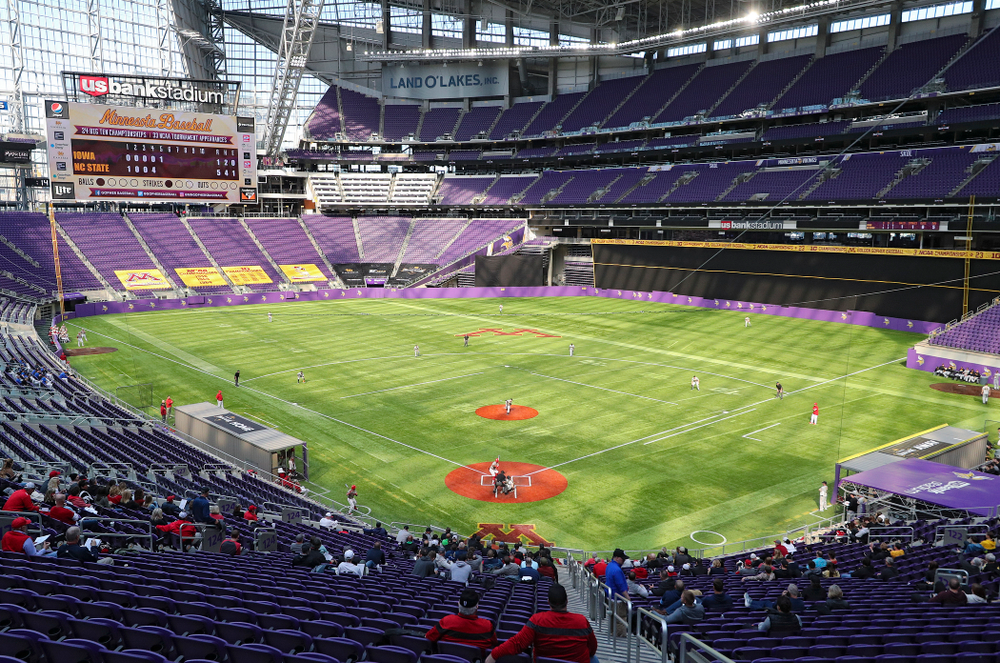 The Iowa Hawkeyes field during the fifth inning of their CambriaCollegeClassic game at U.S. Bank Stadium in Minneapolis, Minn. on Friday, February 28, 2020. (Stephen Mally/hawkeyesports.com)