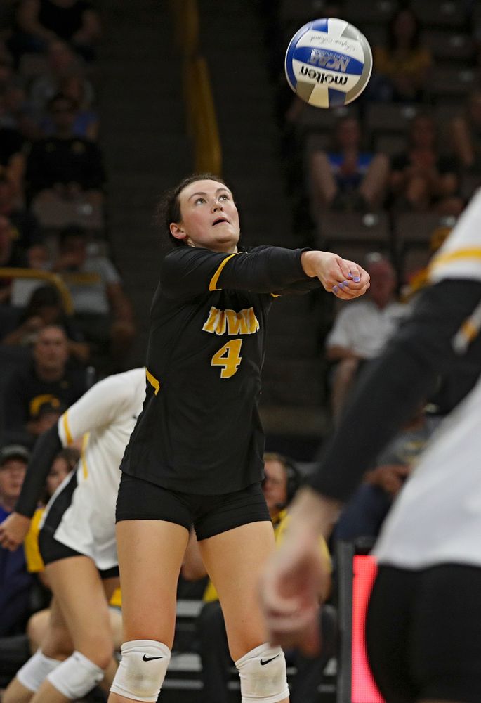 Iowa’s Halle Johnston (4) eyes the ball during their Big Ten/Pac-12 Challenge match at Carver-Hawkeye Arena in Iowa City on Saturday, Sep 7, 2019. (Stephen Mally/hawkeyesports.com)