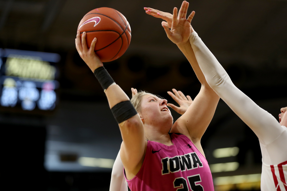 Iowa Hawkeyes forward/center Monika Czinano (25) against the Wisconsin Badgers Sunday, February 16, 2020 at Carver-Hawkeye Arena. (Brian Ray/hawkeyesports.com)