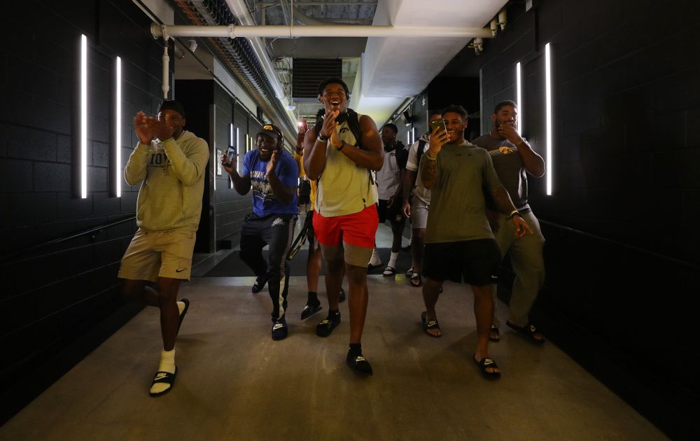 The Hawkeye Football Team sees the updates to their entrance tunnel at Kinnick Stadium for the first time Thursday, August 22, 2019 in Iowa City. (Brian Ray/hawkeyesports.com)