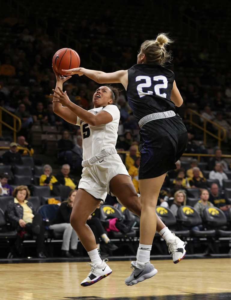 Iowa Hawkeyes guard Alexis Sevillian (5) against Dakota Wesleyan University Tuesday, November 6, 2018 at Carver-Hawkeye Arena. (Brian Ray/hawkeyesports.com)