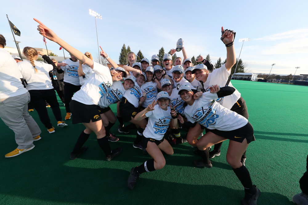 The Iowa Hawkeyes celebrate their victory over Penn State in the 2019 Big Ten Field Hockey Tournament Championship Game Sunday, November 10, 2019 in State College. (Brian Ray/hawkeyesports.com)