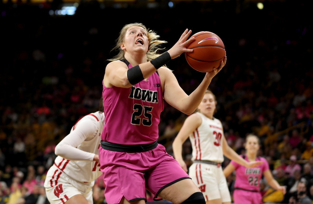 Iowa Hawkeyes forward/center Monika Czinano (25) against the Wisconsin Badgers Sunday, February 16, 2020 at Carver-Hawkeye Arena. (Brian Ray/hawkeyesports.com)