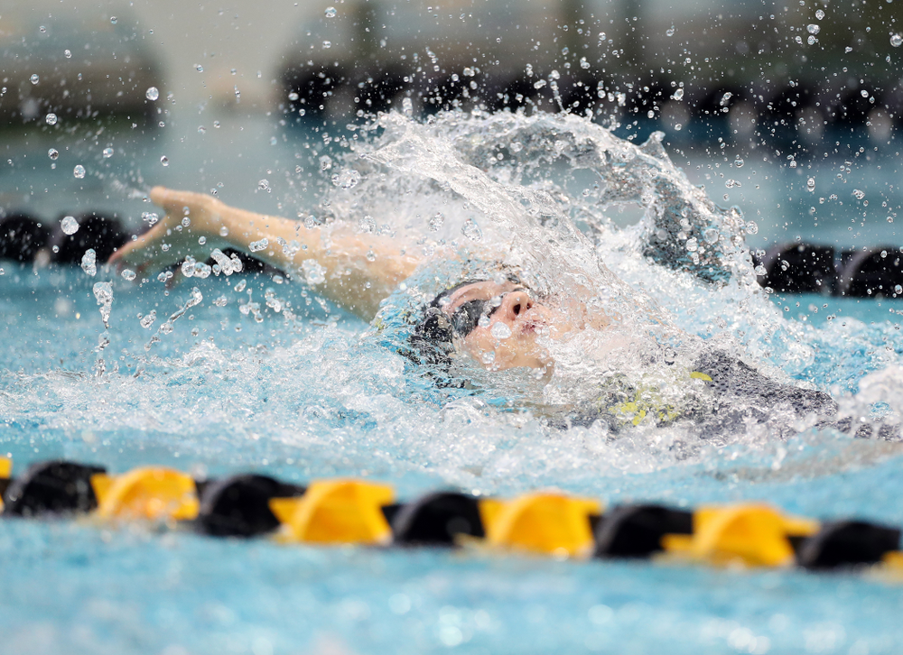 IowaÕs Emily Sansome swims the 100 yard backstroke against the Michigan Wolverines Friday, November 1, 2019 at the Campus Recreation and Wellness Center. (Brian Ray/hawkeyesports.com)
