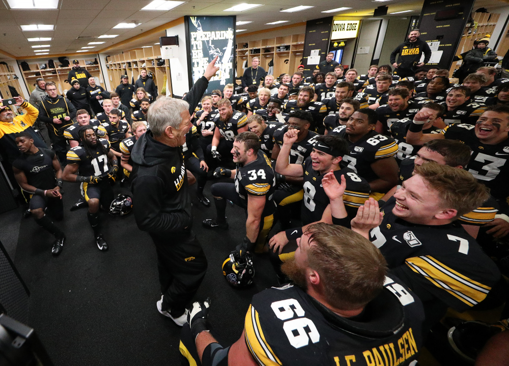 Iowa Hawkeyes head coach Kirk Ferentz gets emotional as he talks to the team following their win over the Minnesota Golden Gophers Saturday, November 16, 2019 at Kinnick Stadium. (Brian Ray/hawkeyesports.com)