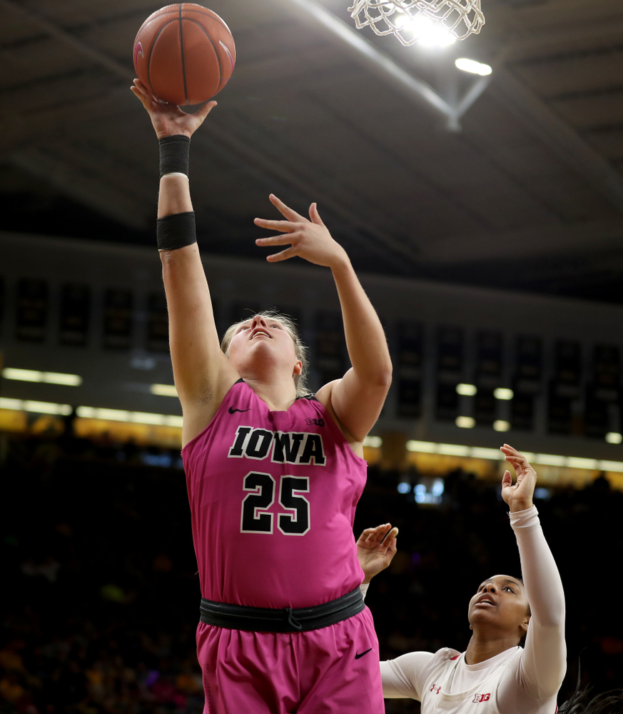 Iowa Hawkeyes forward/center Monika Czinano (25) against the Wisconsin Badgers Sunday, February 16, 2020 at Carver-Hawkeye Arena. (Brian Ray/hawkeyesports.com)