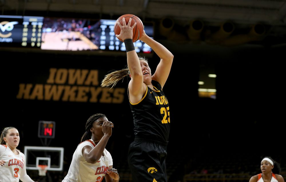 Iowa Hawkeyes forward/center Monika Czinano (25) against Clemson Wednesday, December 4, 2019 at Carver-Hawkeye Arena. (Brian Ray/hawkeyesports.com)