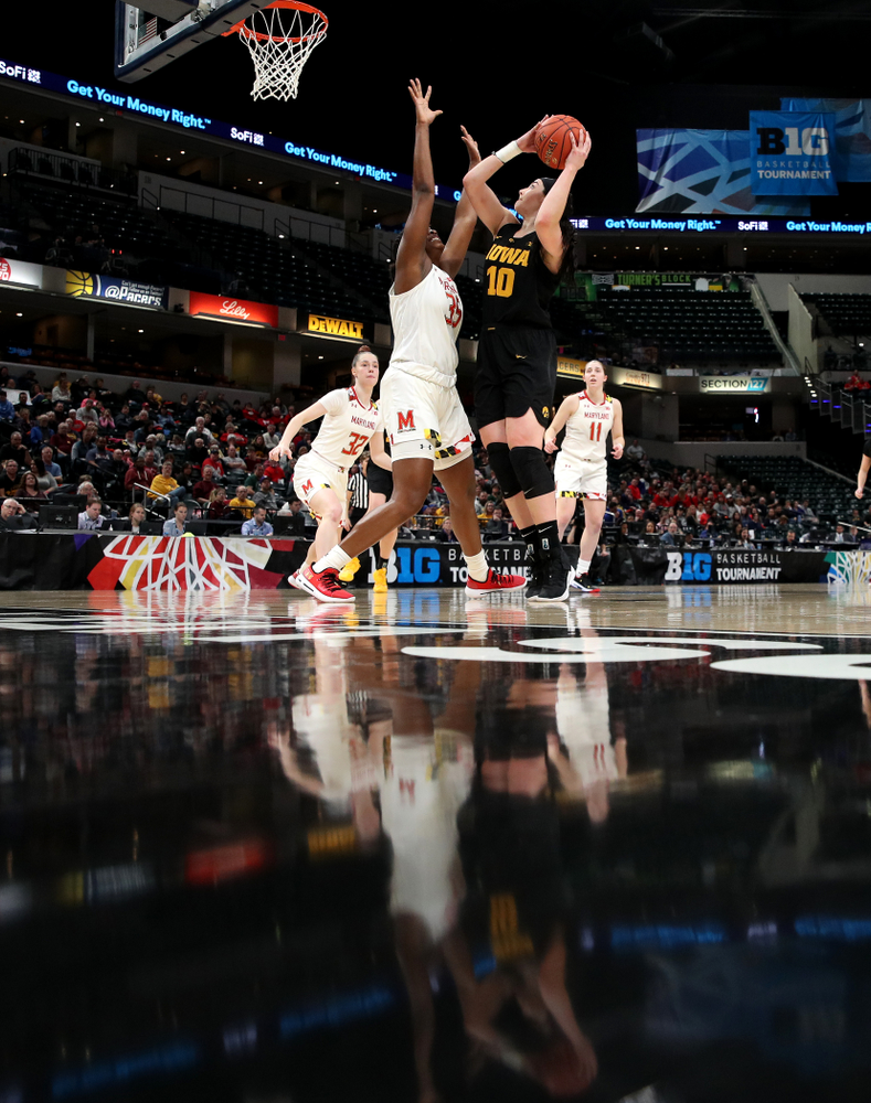 Iowa Hawkeyes forward Megan Gustafson (10) against the Maryland Terrapins in the Big Ten Championship Game Sunday, March 10, 2019 in Indianapolis, Ind. (Brian Ray/hawkeyesports.com)