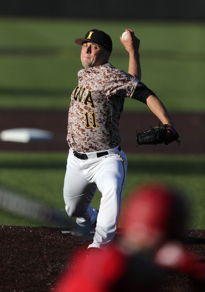 Iowa Hawkeyes Cole McDonald (11) against the Nebraska Cornhuskers on Military Appreciation Night Friday, April 19, 2019 at Duane Banks Field. (Brian Ray/hawkeyesports.com)