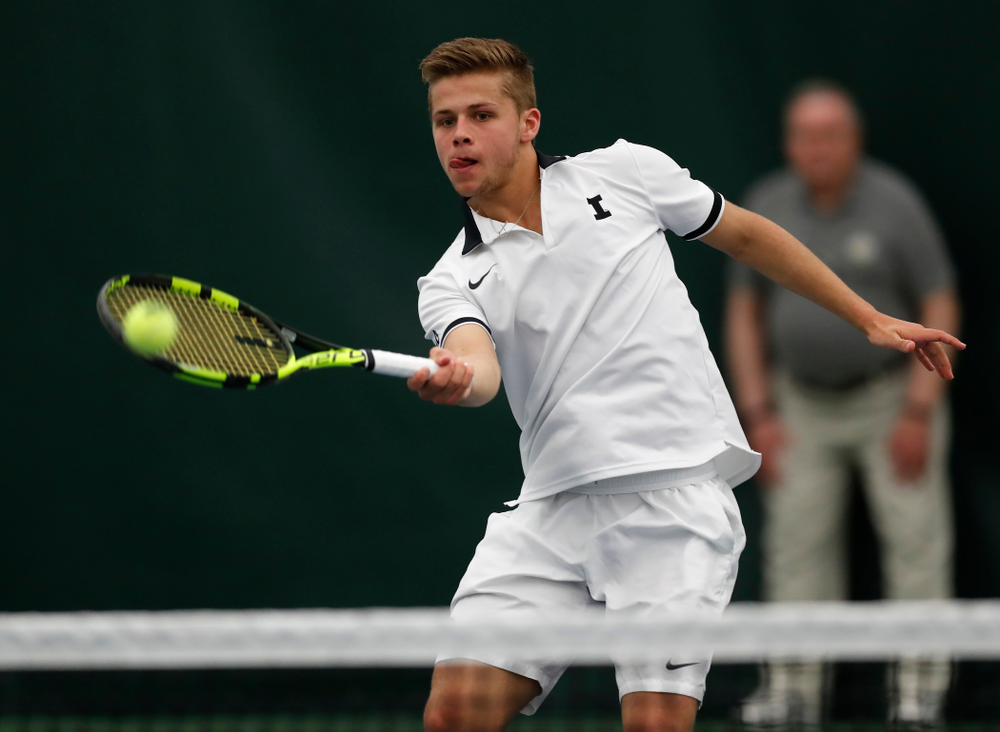 Will Davies and Piotr Smietana play a doubles match against Purdue Sunday, April 15, 2018 at the Hawkeye Tennis and Recreation Center. (Brian Ray/hawkeyesports.com)