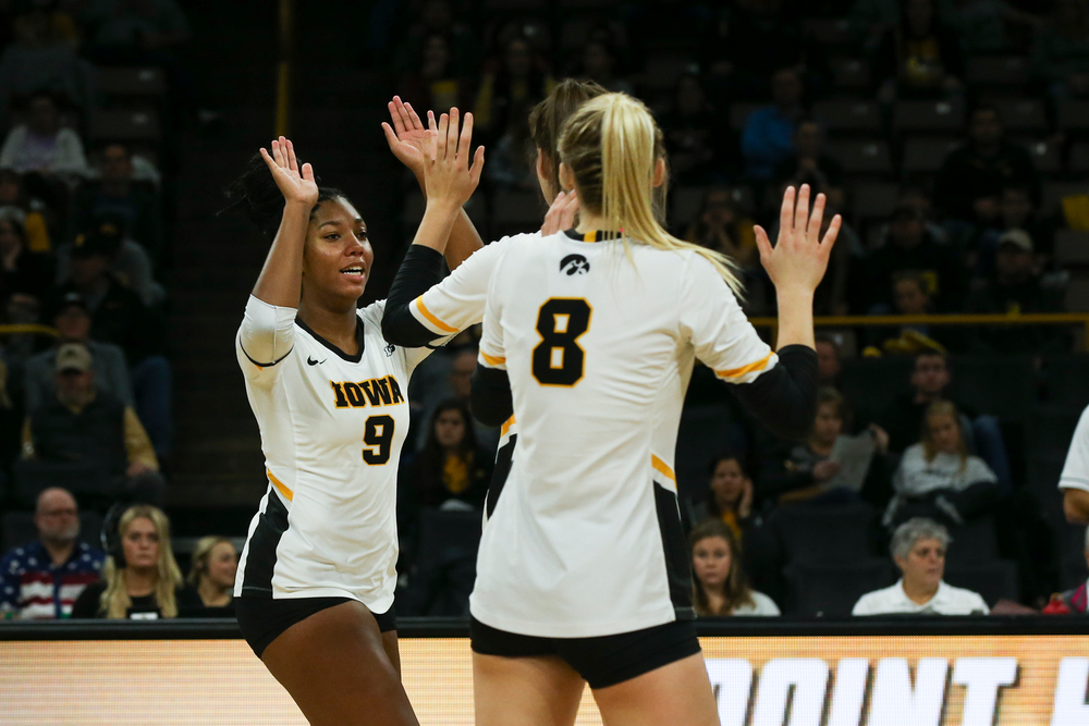 Iowa Hawkeyes middle blocker Amiya Jones (9) during Iowa volleyball vs Maryland on Saturday, November 30, 2019 at Carver-Hawkeye Arena. (Lily Smith/hawkeyesports.com)