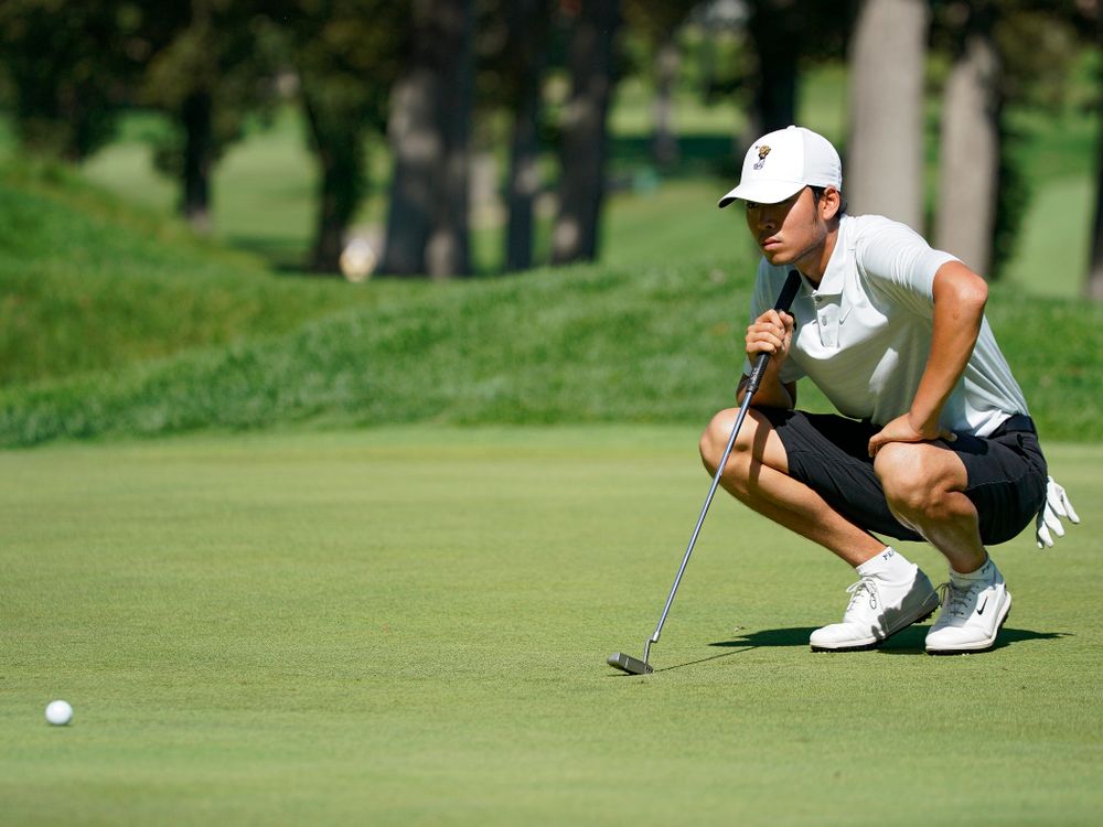 Iowa’s Joe Kim lines up a putt during the second day of the Golfweek Conference Challenge at the Cedar Rapids Country Club in Cedar Rapids on Monday, Sep 16, 2019. (Stephen Mally/hawkeyesports.com)