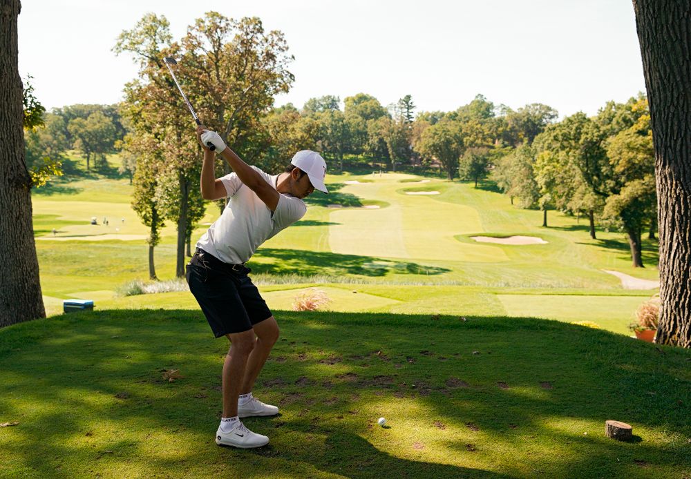 Iowa’s Joe Kim tees off during the second day of the Golfweek Conference Challenge at the Cedar Rapids Country Club in Cedar Rapids on Monday, Sep 16, 2019. (Stephen Mally/hawkeyesports.com)