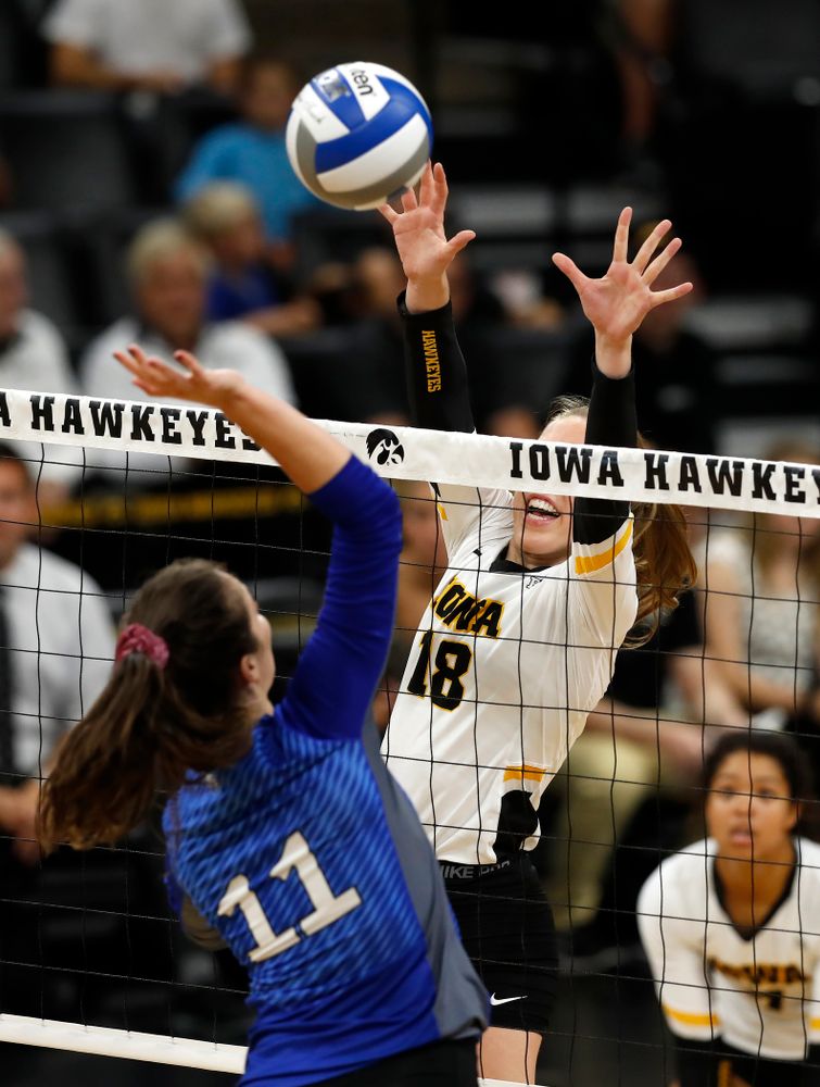 Iowa Hawkeyes middle blocker Hannah Clayton (18) against Eastern Illinois Sunday, September 9, 2018 at Carver-Hawkeye Arena. (Brian Ray/hawkeyesports.com)