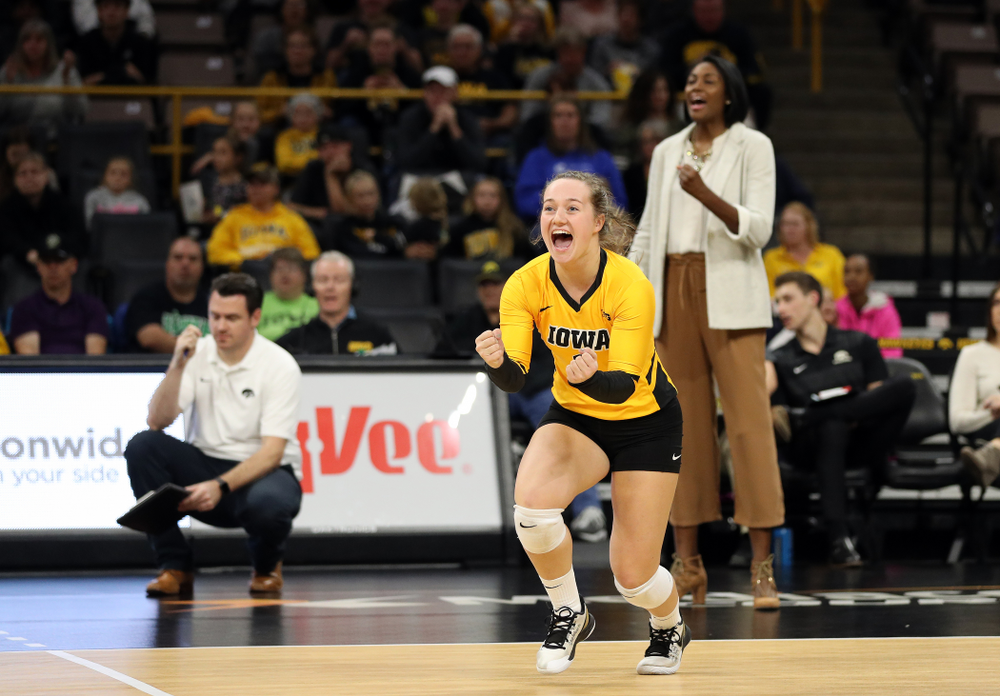 Iowa Hawkeyes defensive specialist Joslyn Boyer (1) against the Rutgers Scarlet Knights Saturday, November 2, 2019 at Carver-Hawkeye Arena. (Brian Ray/hawkeyesports.com)