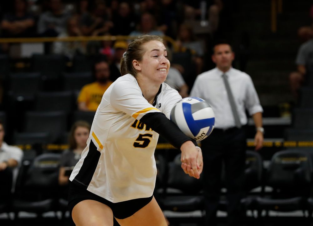 Iowa Hawkeyes outside hitter Meghan Buzzerio (5) against the Michigan Wolverines Sunday, September 23, 2018 at Carver-Hawkeye Arena. (Brian Ray/hawkeyesports.com)