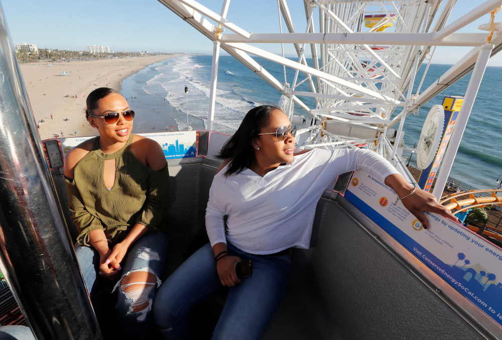 Iowa Hawkeyes guard Alexis Sevillian (5) and guard Tania Davis (11) ride the ferris wheel in Pacific Park on the Santa Monica Pier Thursday, March 15, 2018 in Santa Monica. (Brian Ray/hawkeyesports.com)