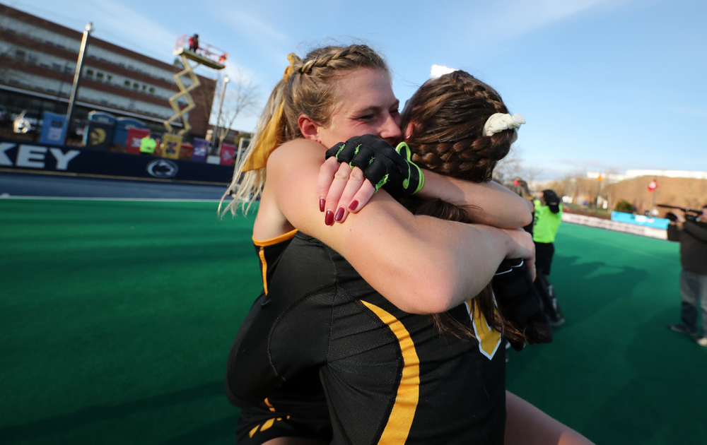 Iowa Hawkeyes Ellie Holley (7) and defenseman Anthe Nijziel (6) celebrate their victory over Penn State in the 2019 Big Ten Field Hockey Tournament Championship Game Sunday, November 10, 2019 in State College. (Brian Ray/hawkeyesports.com)