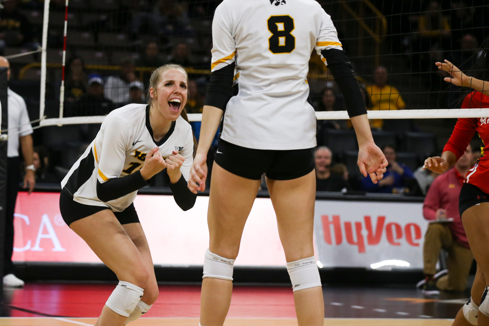 Iowa Hawkeyes middle blocker Hannah Clayton (18) during Iowa volleyball vs Maryland on Saturday, November 30, 2019 at Carver-Hawkeye Arena. (Lily Smith/hawkeyesports.com)