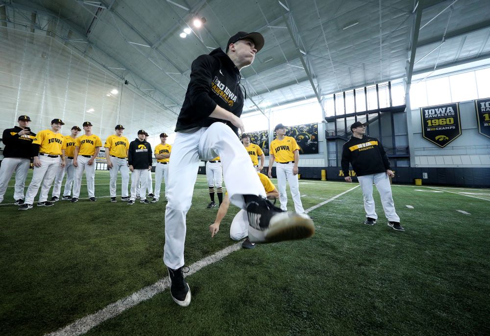 Iowa Hawkeyes Jack Dreyer (33) attempts to kick a field goal before practice Thursday, February 6, 2020 at the Indoor Practice Facility. (Brian Ray/hawkeyesports.com)