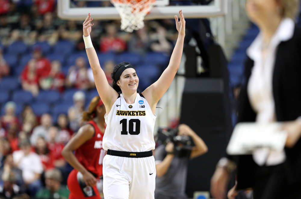 Iowa Hawkeyes forward Megan Gustafson (10) against the NC State Wolfpack in the regional semi-final of the 2019 NCAA Women's College Basketball Tournament Saturday, March 30, 2019 at Greensboro Coliseum in Greensboro, NC.(Brian Ray/hawkeyesports.com)