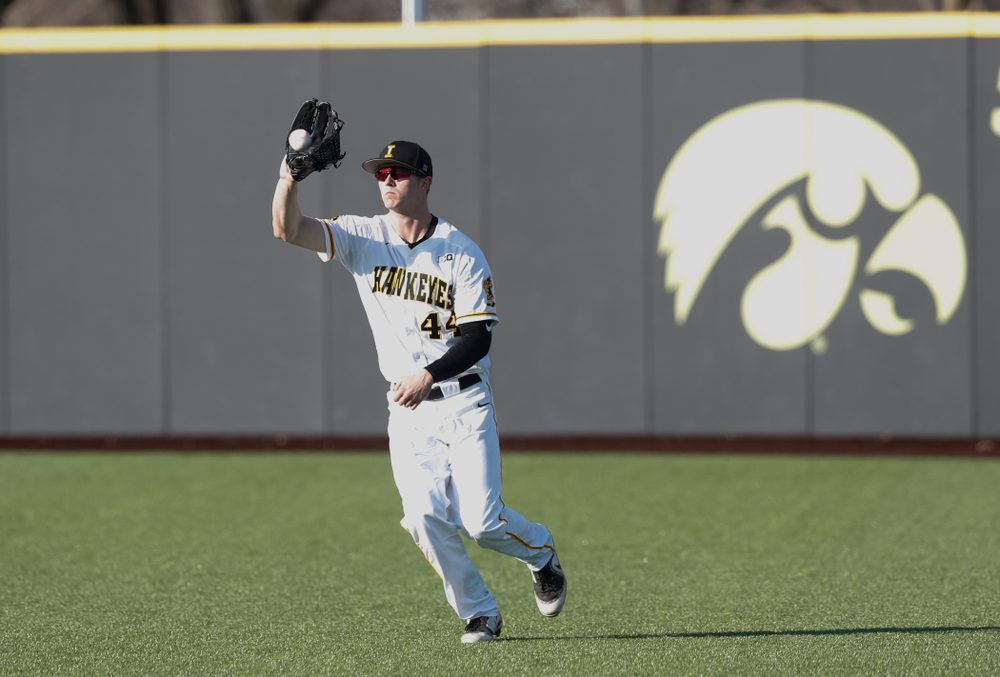 Iowa Hawkeyes outfielder Robert Neustrom (44) against Northern Illinois Tuesday, April 17, 2018 at Duane Banks Field. (Brian Ray/hawkeyesports.com)