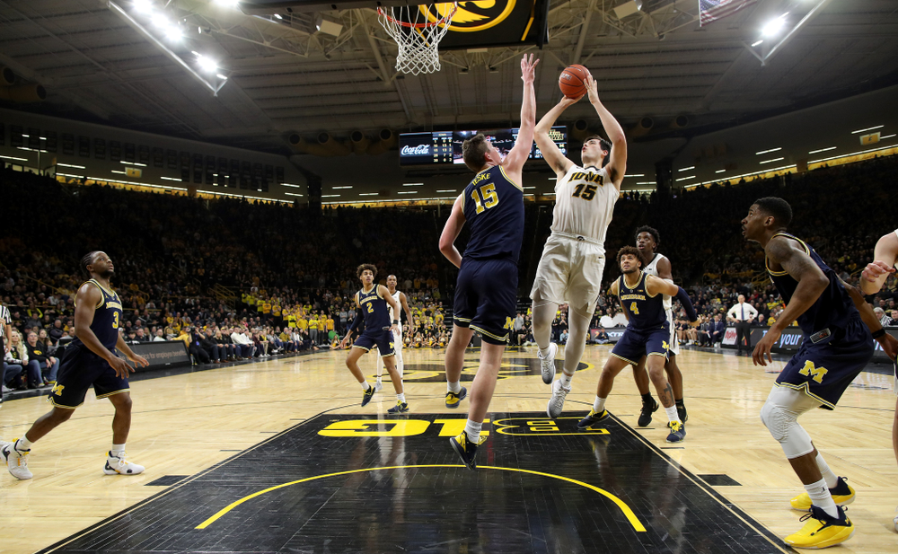 Iowa Hawkeyes forward Ryan Kriener (15) against the Michigan Wolverines Friday, February 1, 2019 at Carver-Hawkeye Arena. (Brian Ray/hawkeyesports.com)