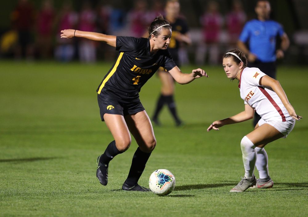 Iowa Hawkeyes forward Kaleigh Haus (4) during a 2-1 victory over the Iowa State Cyclones Thursday, August 29, 2019 in the Iowa Corn Cy-Hawk series at the Iowa Soccer Complex. (Brian Ray/hawkeyesports.com)