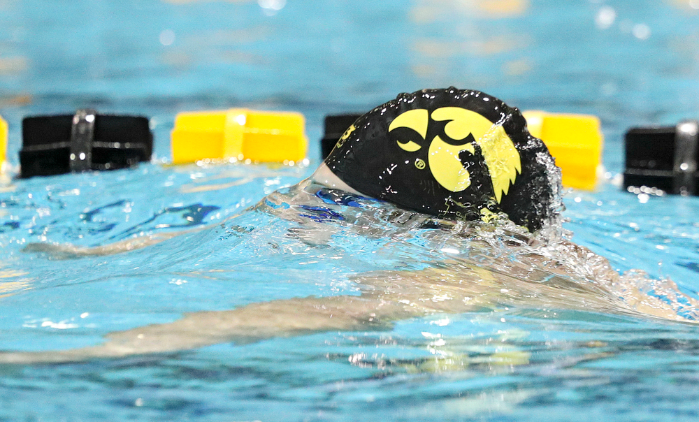 Iowa’s Joe Myhre swims the breaststroke section of the 100-yard individual medley event during their meet against Michigan State at the Campus Recreation and Wellness Center in Iowa City on Thursday, Oct 3, 2019. (Stephen Mally/hawkeyesports.com)