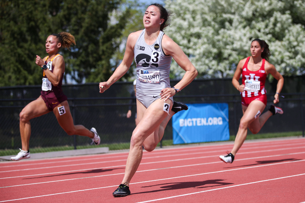 Iowa's Jenny Kimbro runs during the women's 200-meter dash at the Big Ten Outdoor Track and Field Championships at Francis X. Cretzmeyer Track on Friday, May 10, 2019. (Lily Smith/hawkeyesports.com)