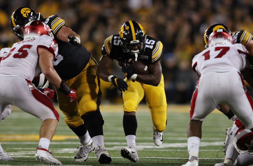 Iowa Hawkeyes running back Tyler Goodson (15) against the Miami RedHawks Saturday, August 31, 2019 at Kinnick Stadium in Iowa City. (Brian Ray/hawkeyesports.com)